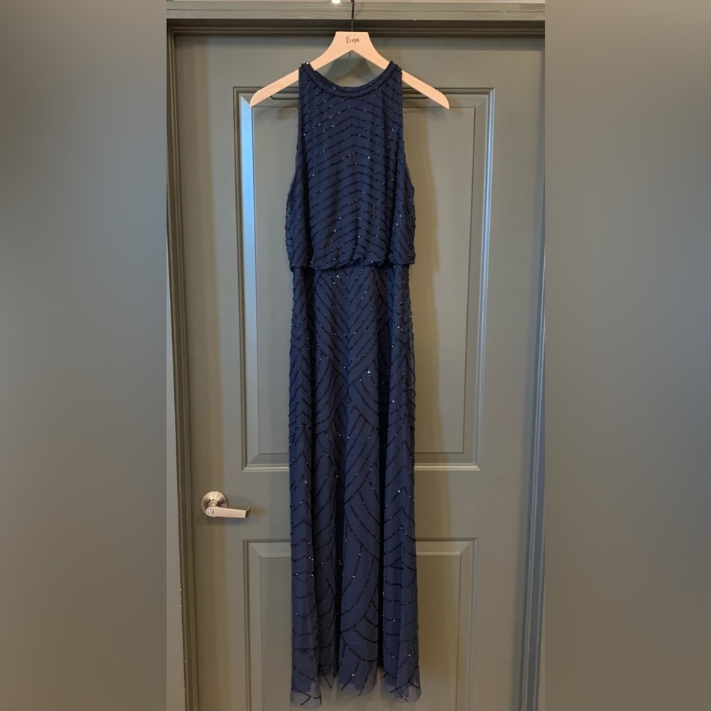 ART DECO BEADED BLOUSON DRESS WITH HALTER NECKLINE IN NAVY BLACK